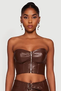 Womens Strapless Faux Leather Cropped Bustier Corset Top, Brown,