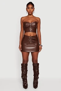 Womens Strapless Faux Leather Cropped Bustier Corset Top, Brown,