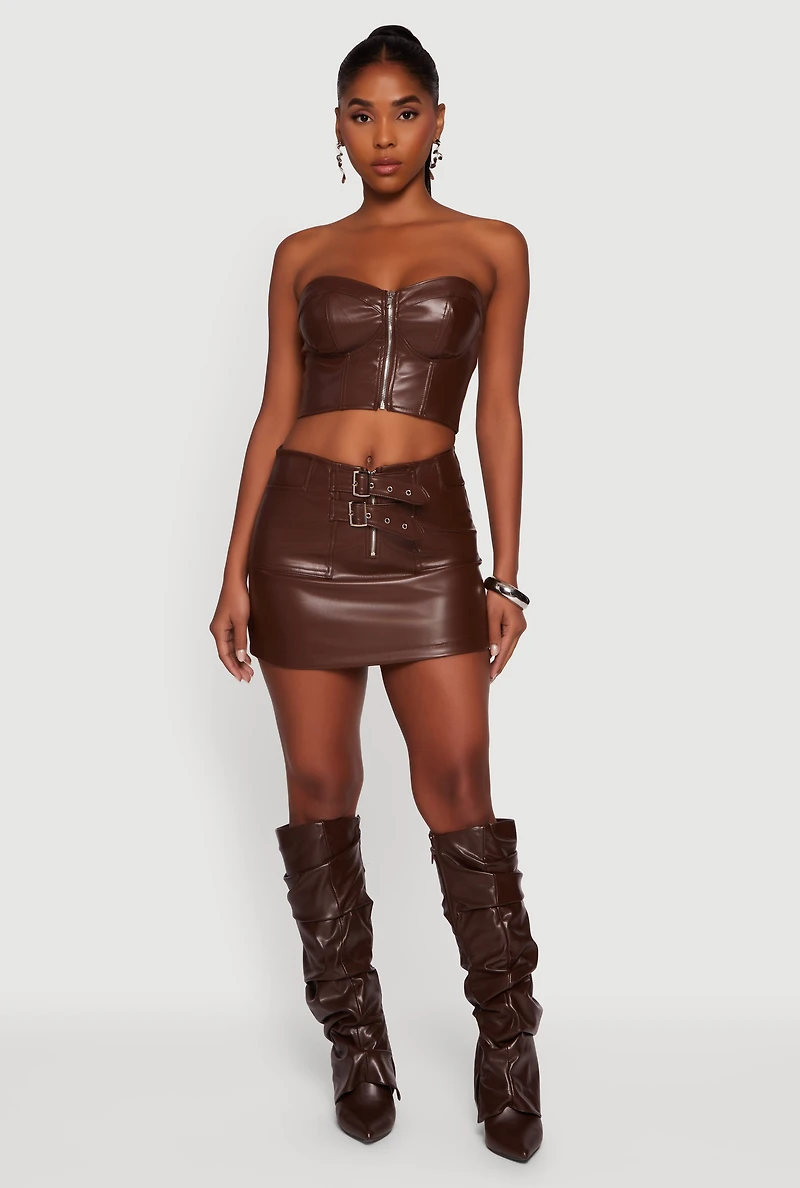 Womens Strapless Faux Leather Cropped Bustier Corset Top, Brown,