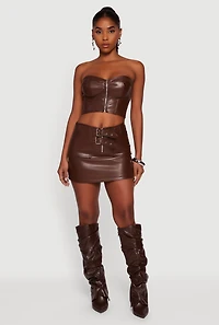 Womens Strapless Faux Leather Cropped Bustier Corset Top, Brown,