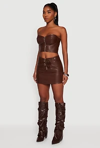 Womens Strapless Faux Leather Cropped Bustier Corset Top, Brown,