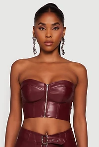 Womens Strapless Faux Leather Cropped Bustier Corset Top, Burgundy, Size M
