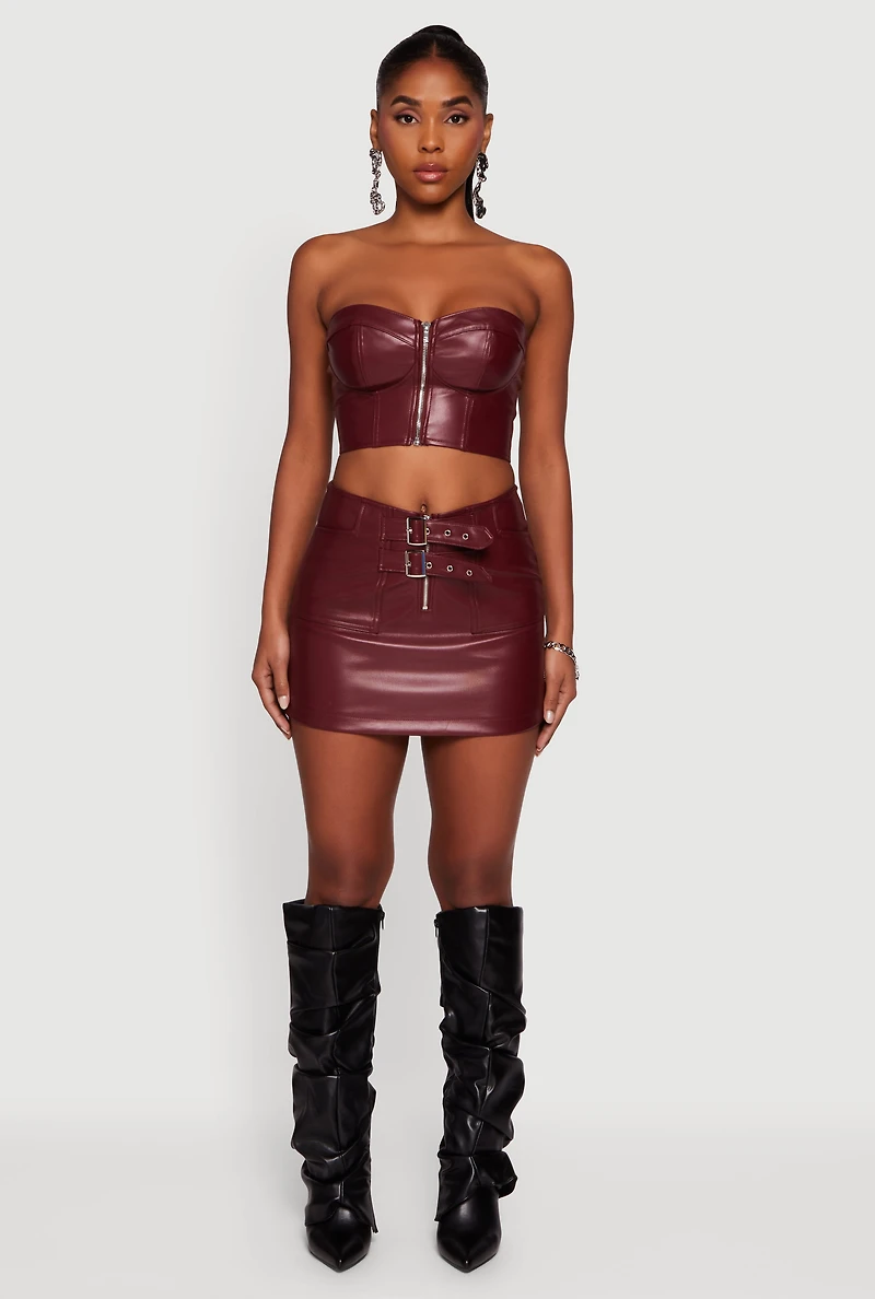 Womens Strapless Faux Leather Cropped Bustier Corset Top, Burgundy, Size M