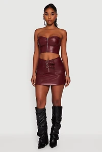 Womens Strapless Faux Leather Cropped Bustier Corset Top, Burgundy, Size M