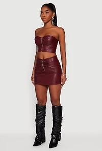 Womens Strapless Faux Leather Cropped Bustier Corset Top, Burgundy, Size M