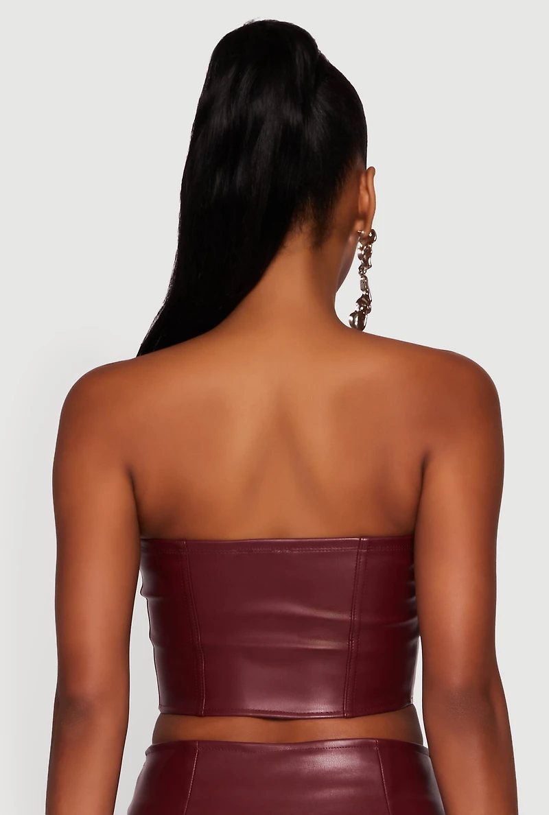 Womens Strapless Faux Leather Cropped Bustier Corset Top, Burgundy, Size M
