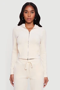 Womens Hooded Zip Front Velour Jacket, White, Size L