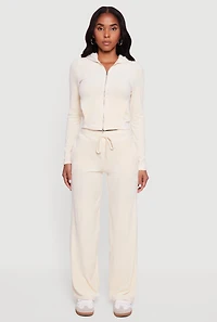 Womens Hooded Zip Front Velour Jacket, White, Size L