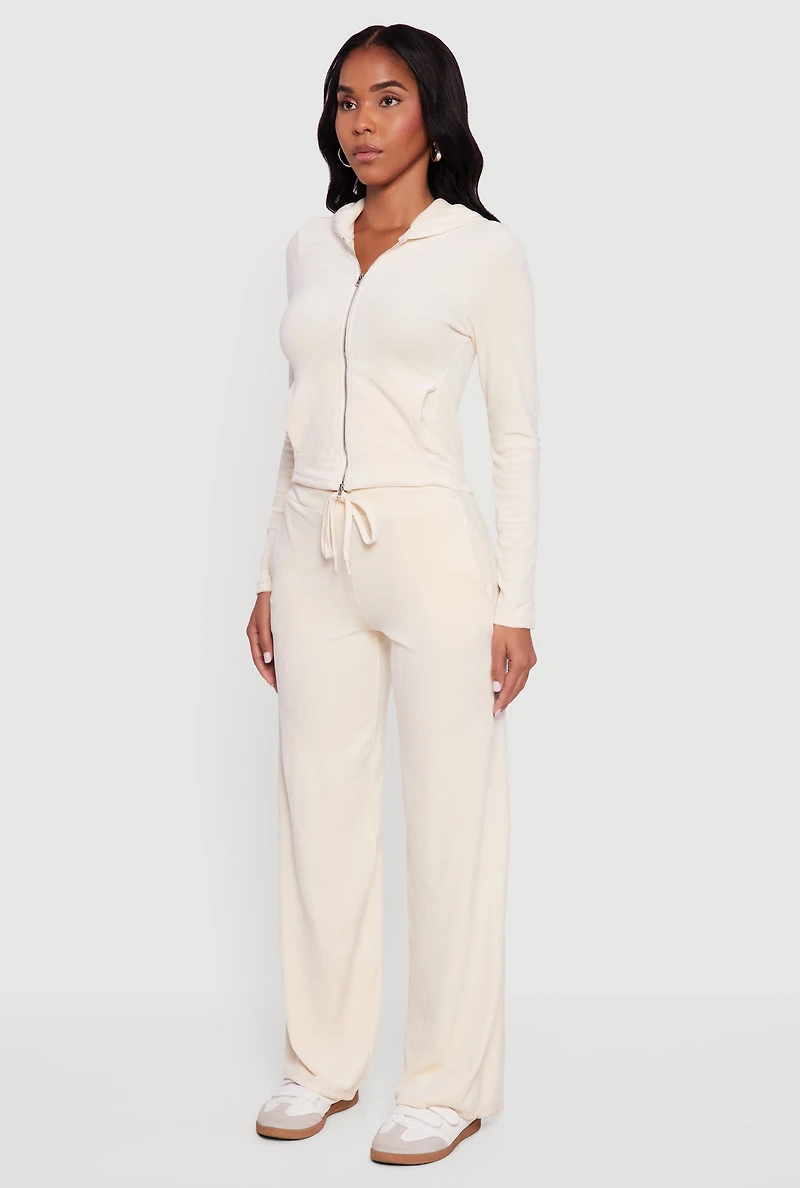 Womens Hooded Zip Front Velour Jacket, White, Size L