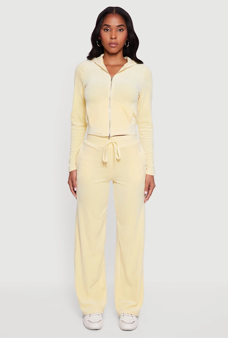 Womens Hooded Zip Front Velour Jacket, Yellow,