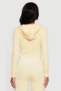 Womens Hooded Zip Front Velour Jacket, Yellow,