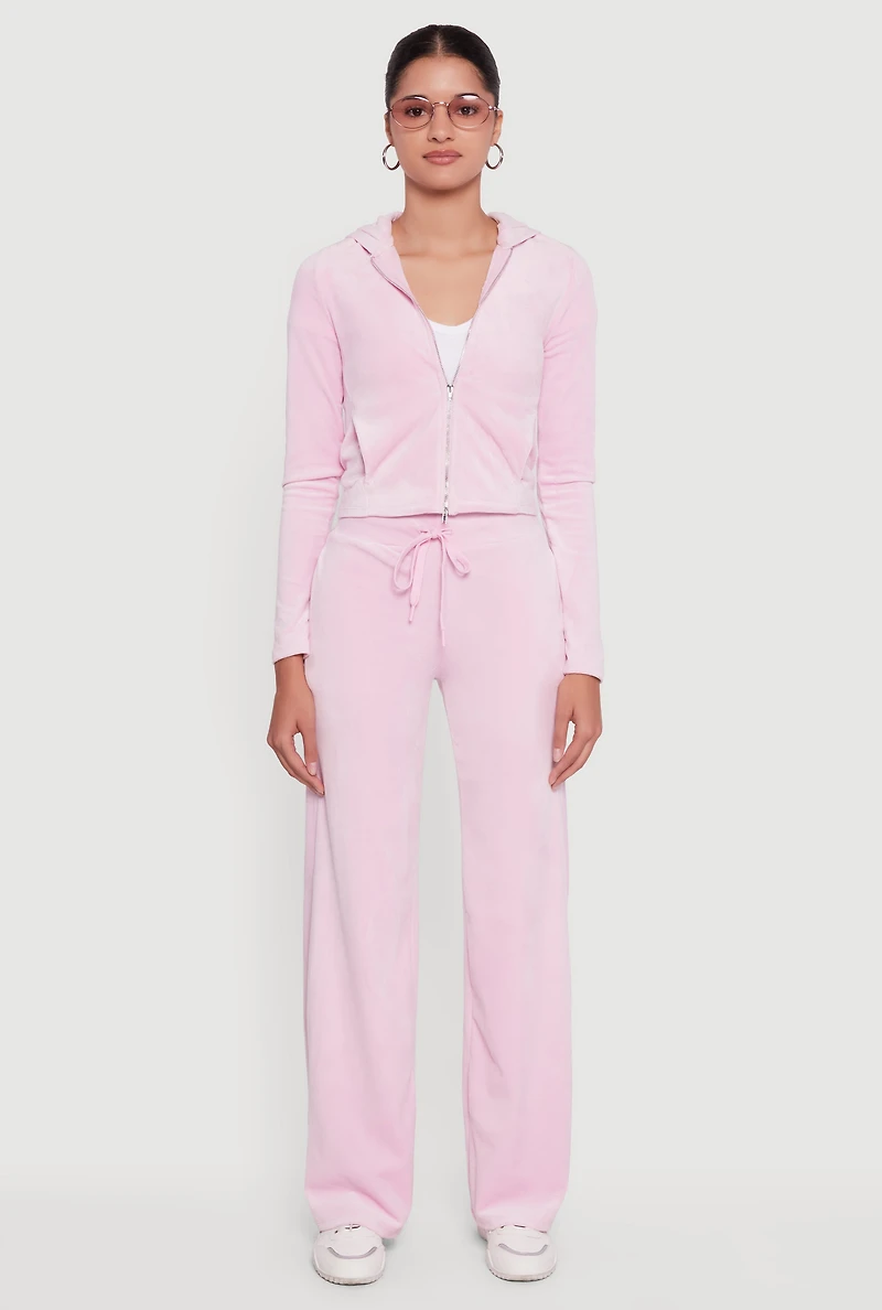 Womens Drawstring High Waisted Velour Sweatpants, Pink, Size L