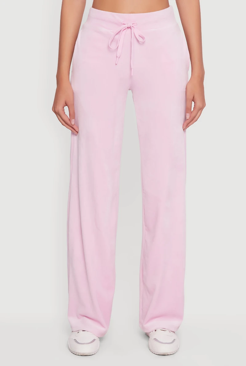 Womens Drawstring High Waisted Velour Sweatpants, Pink, Size L