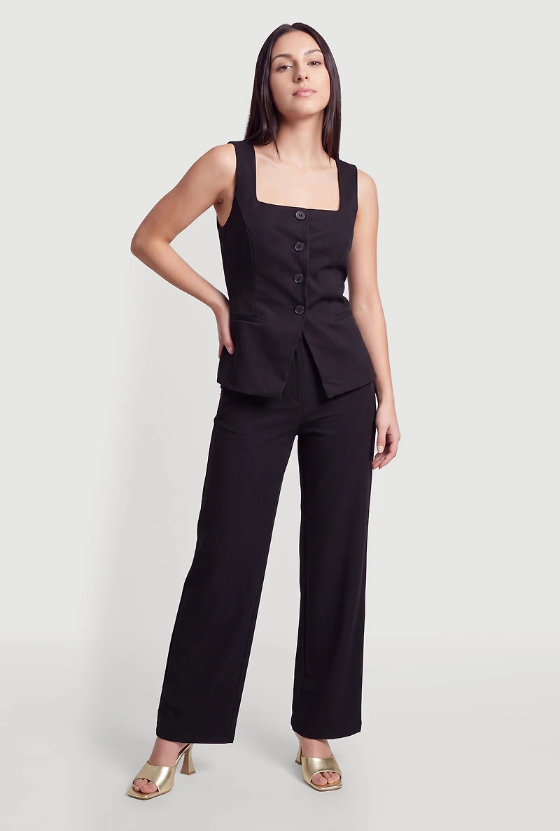 Ribbed Knit Pull On Wide Leg Dress Pants