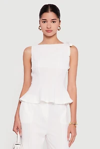 Bow Detail Sleeveless Boat Neck Peplum Top
