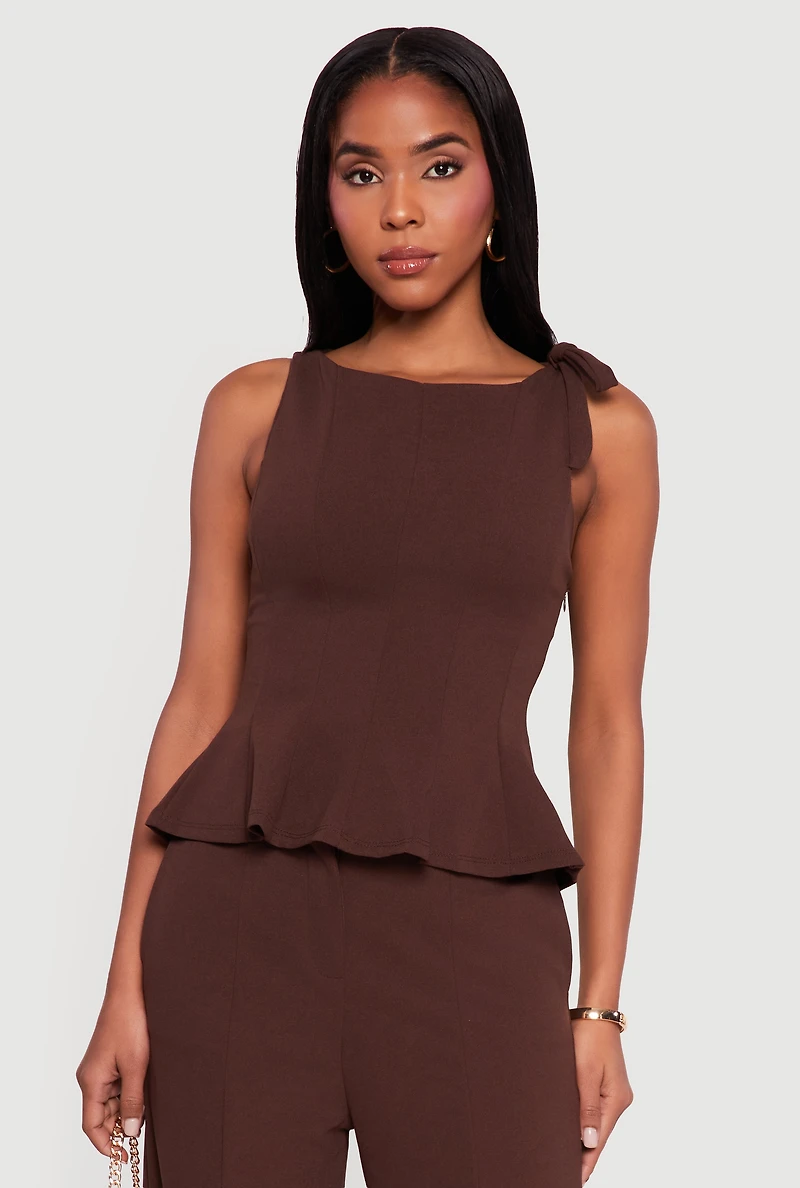Bow Detail Sleeveless Boat Neck Peplum Top