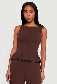 Bow Detail Sleeveless Boat Neck Peplum Top