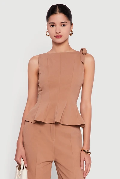 Bow Detail Sleeveless Boat Neck Peplum Top
