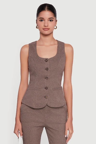 Womens Button Front Houndstooth Blazer Vest,