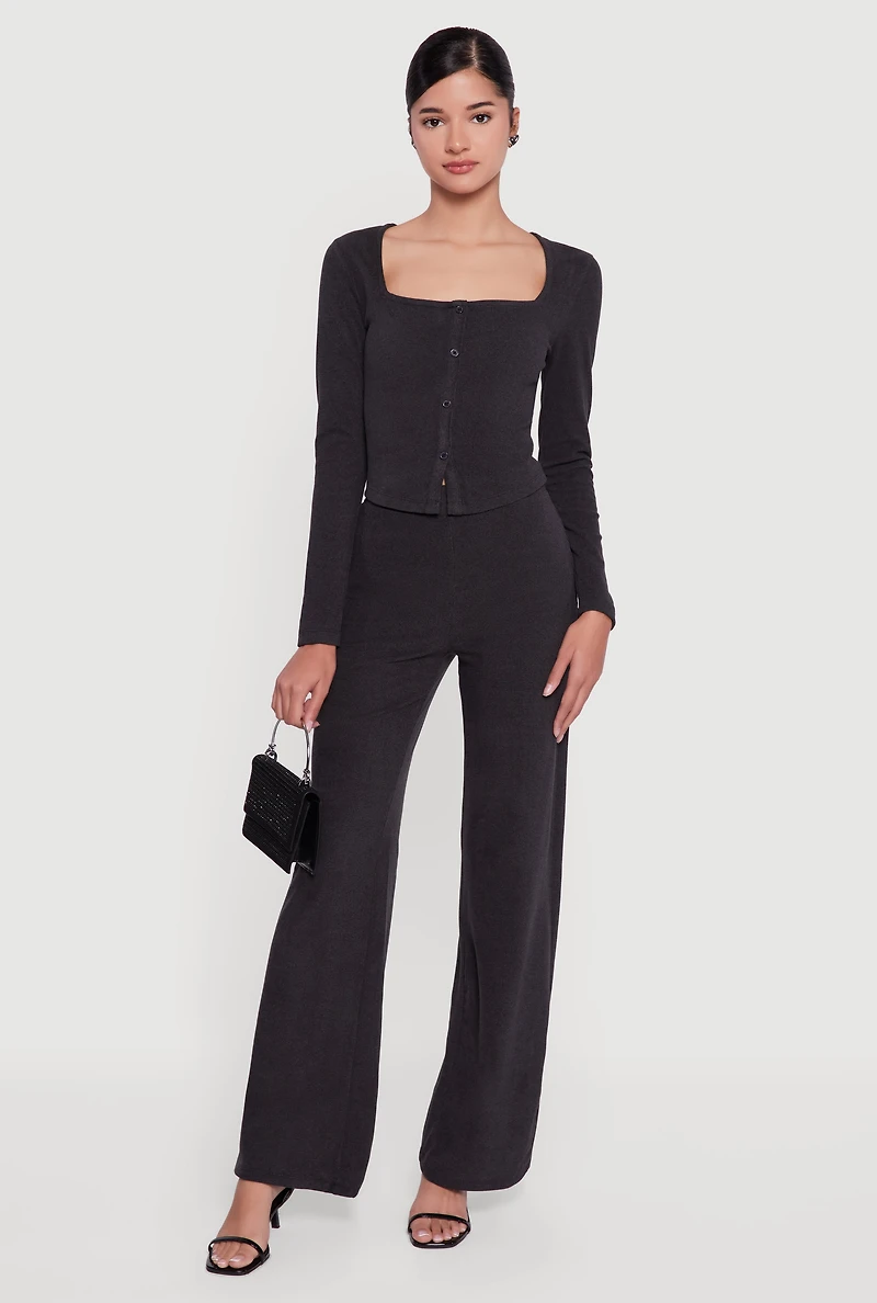 Womens Brushed Knit Long Sleeve Square Neck Top, Black, Size L