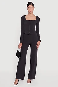 Womens Brushed Knit Long Sleeve Square Neck Top, Black, Size L