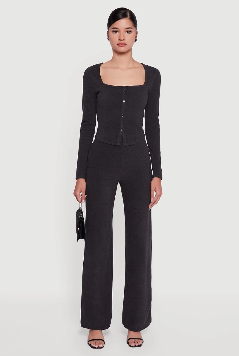 Womens Brushed Knit Long Sleeve Square Neck Top, Black, Size L