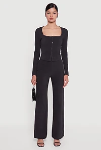 Womens Brushed Knit Long Sleeve Square Neck Top, Black, Size L