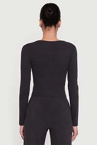 Womens Brushed Knit Long Sleeve Square Neck Top, Black, Size L