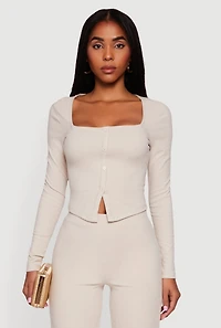 Womens Brushed Knit Long Sleeve Square Neck Top, S