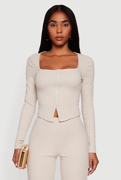 Womens Brushed Knit Long Sleeve Square Neck Top, Beige, Size L