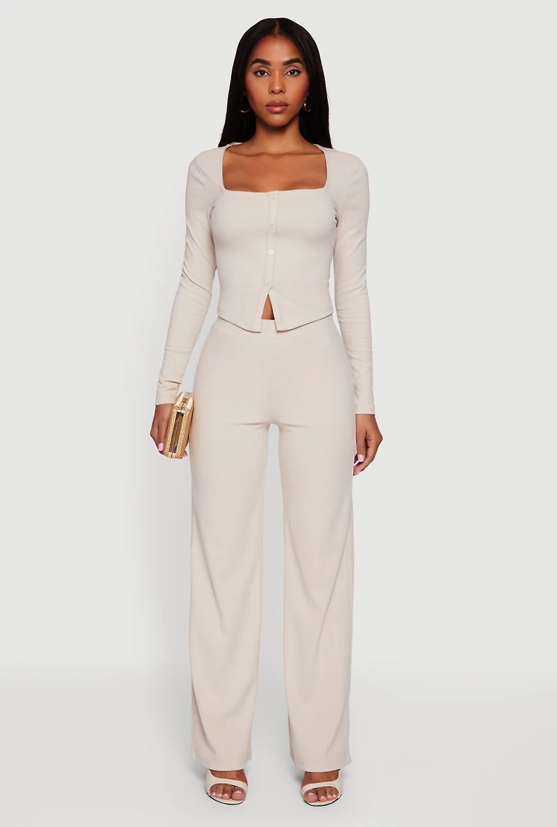 Womens Brushed Knit Long Sleeve Square Neck Top, S