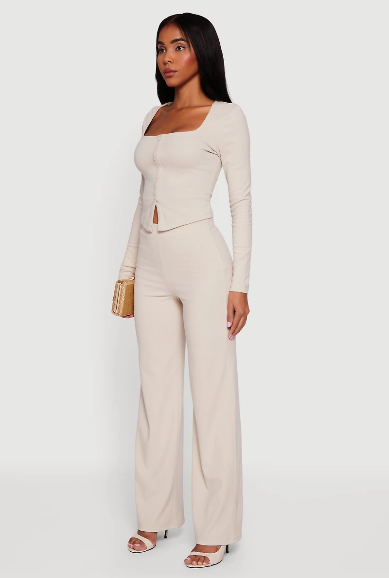 Womens Brushed Knit Long Sleeve Square Neck Top, S