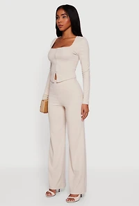 Womens Brushed Knit Long Sleeve Square Neck Top, S