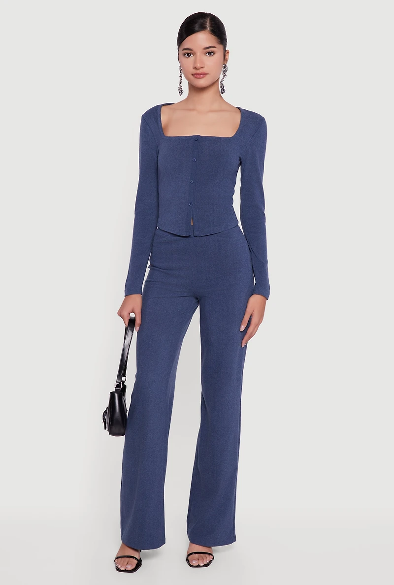 Womens Brushed Knit Long Sleeve Square Neck Top, Blue, Size S