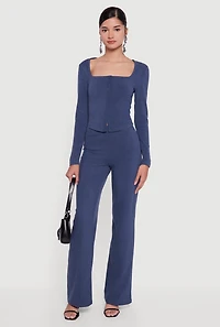 Womens Brushed Knit Long Sleeve Square Neck Top, Blue, Size S