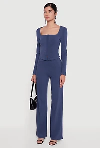 Womens Brushed Knit Long Sleeve Square Neck Top, Blue, Size S