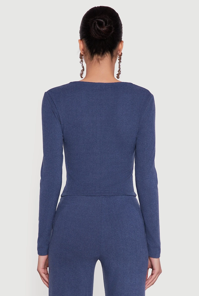 Womens Brushed Knit Long Sleeve Square Neck Top, Blue, Size S