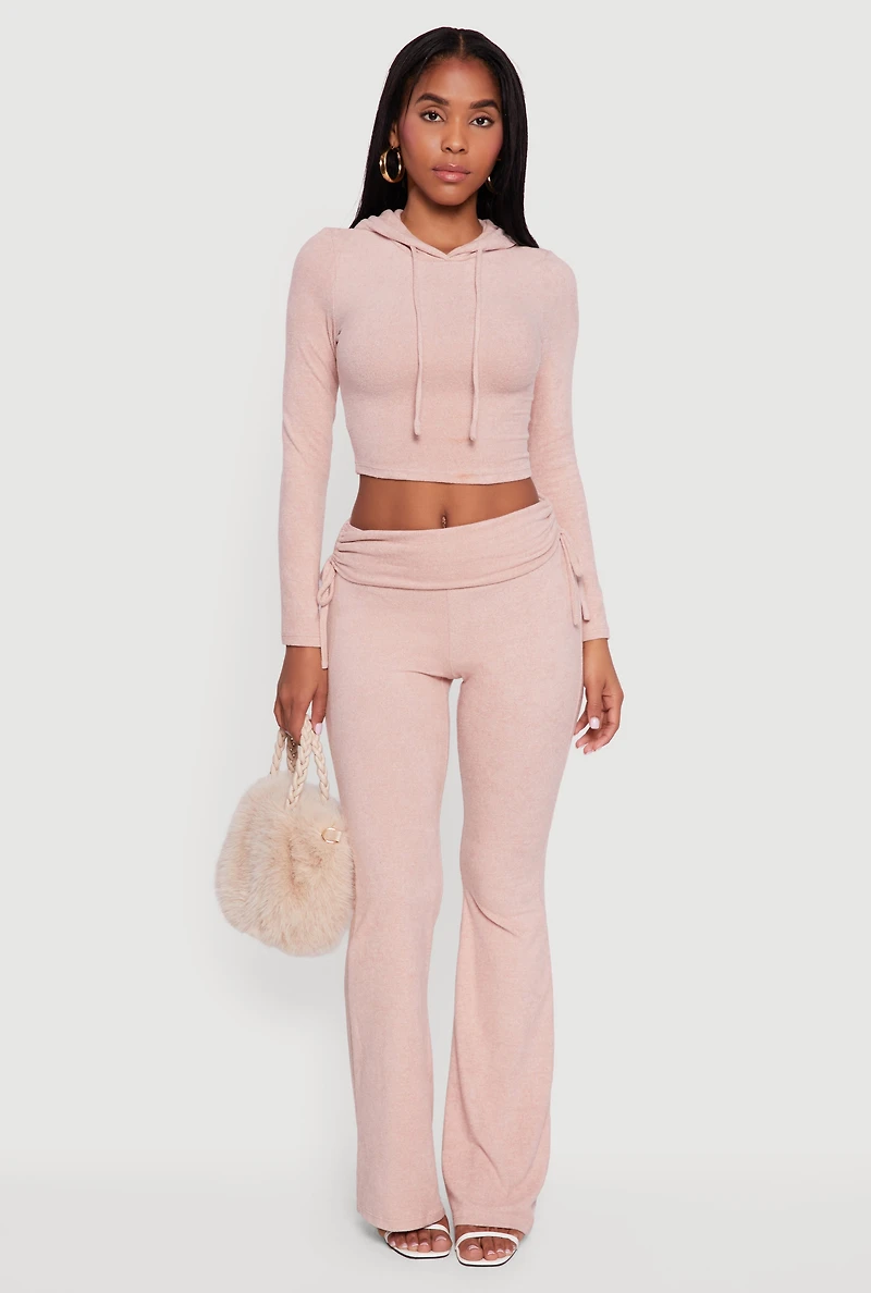 Womens Long Sleeve Pullover Cropped Hoodie, Pink, Size L