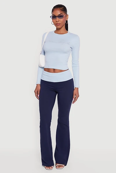 Womens Contrast Fold Over Waistband Flared Pants, Blue, Size L