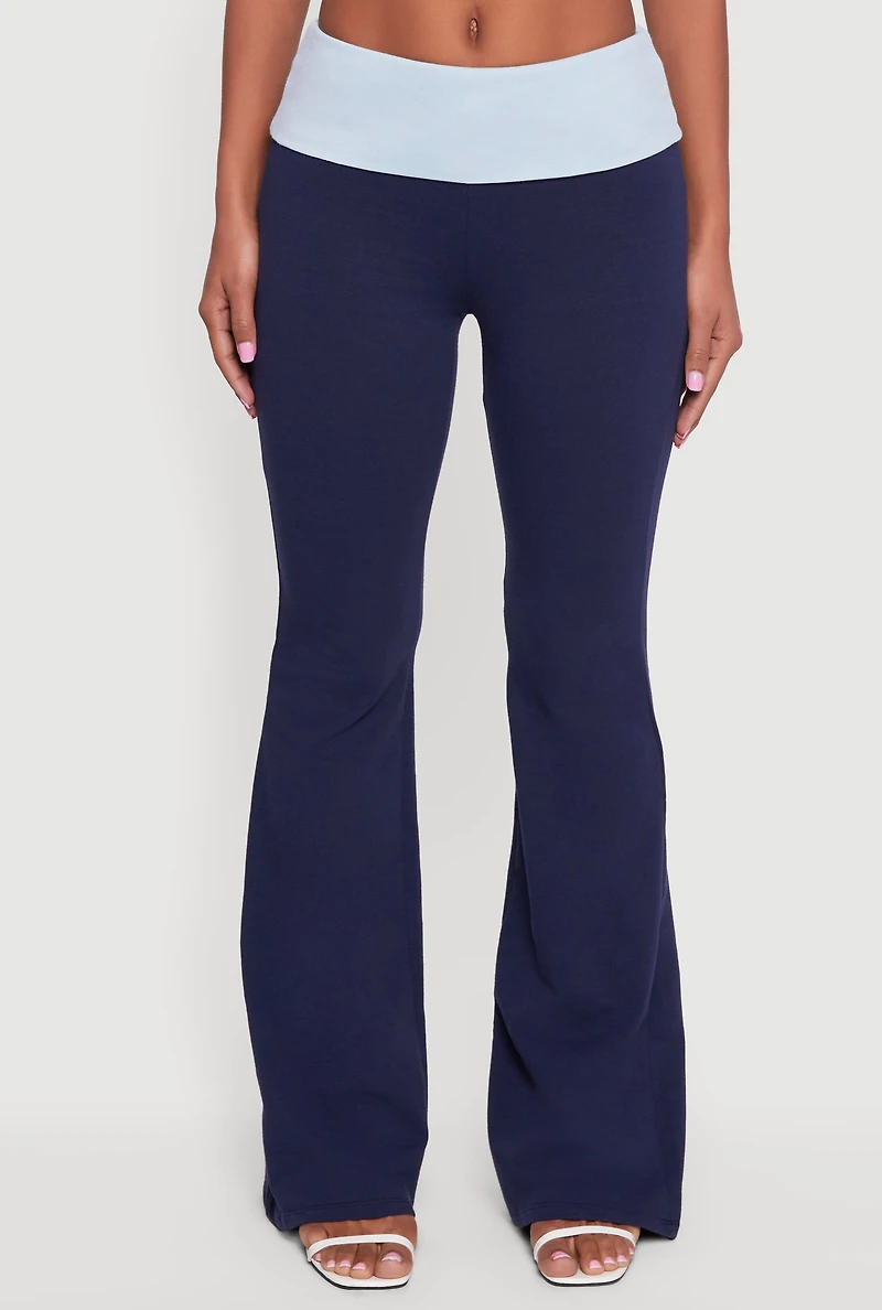 Womens Contrast Fold Over Waistband Flared Pants, Blue, Size L