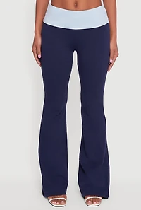 Womens Contrast Fold Over Waistband Flared Pants, Blue, Size L
