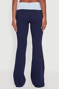 Womens Contrast Fold Over Waistband Flared Pants, Blue, Size L