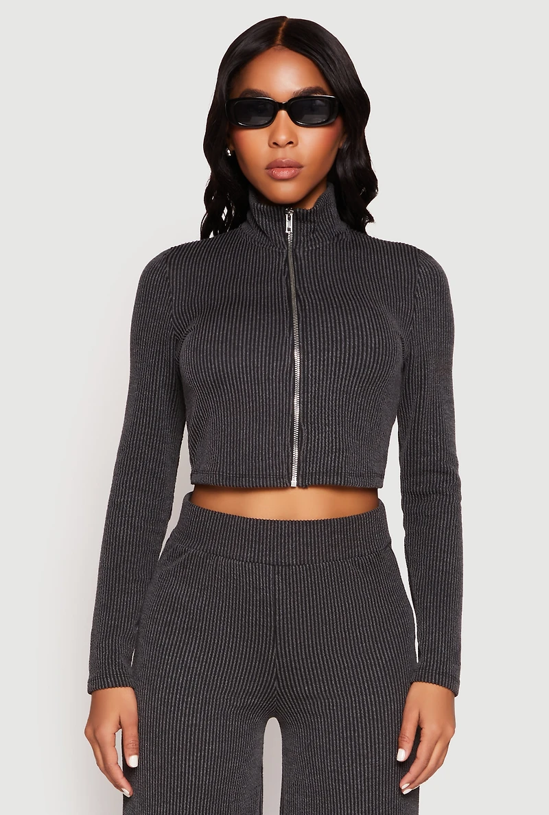 Womens Iris Rib Knit Mock Neck Track Jacket,