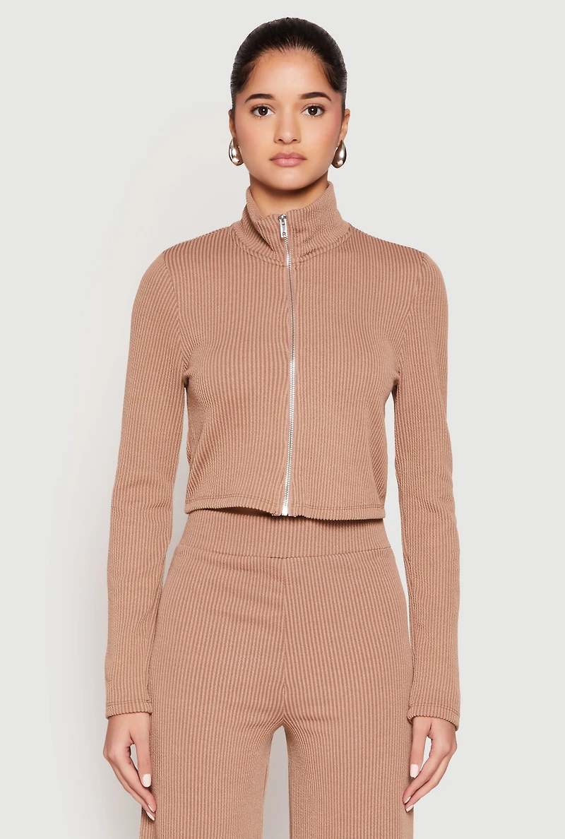 Womens Iris Rib Knit Mock Neck Track Jacket, Brown,