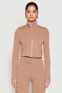 Womens Iris Rib Knit Mock Neck Track Jacket, Brown,