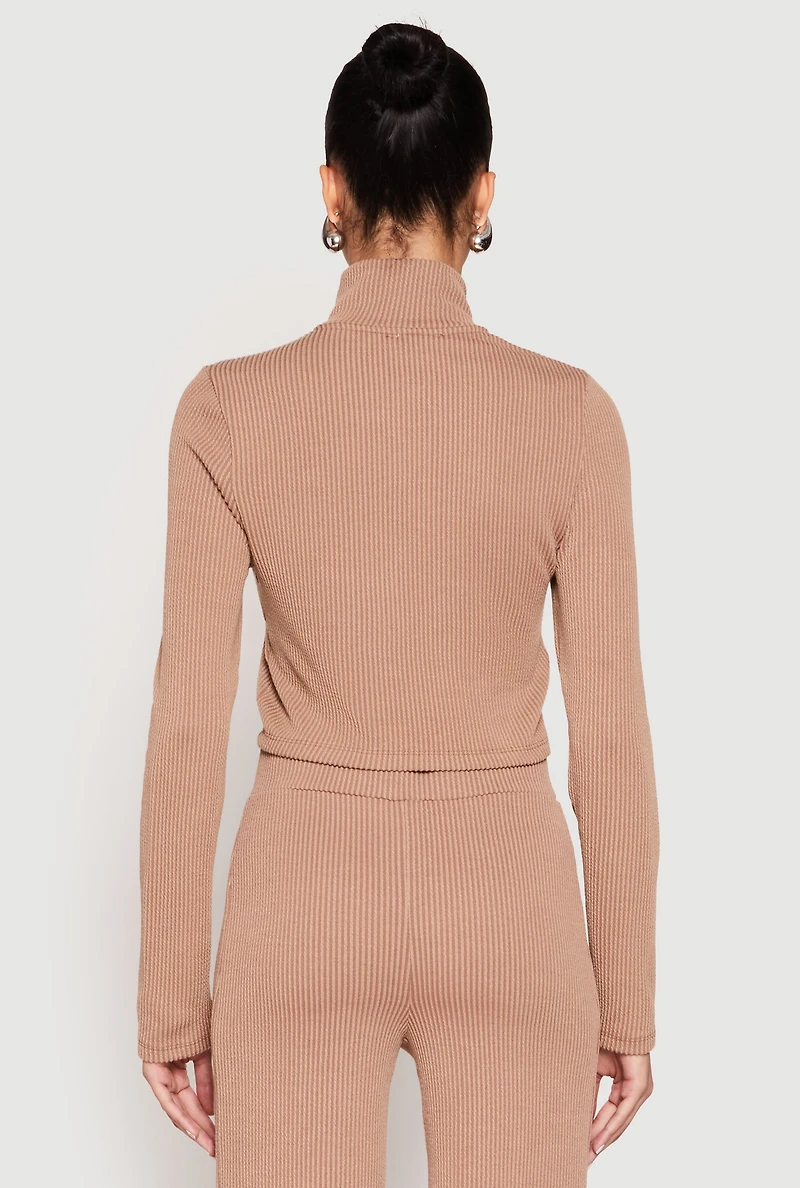 Womens Iris Rib Knit Mock Neck Track Jacket, Brown,