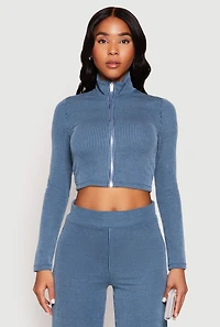 Womens Iris Rib Knit Mock Neck Track Jacket, Blue, Size M