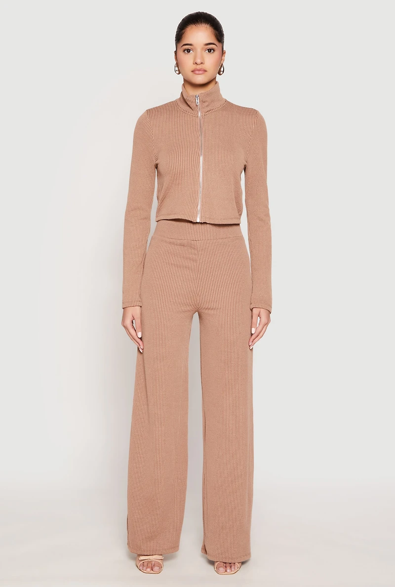 Womens Iris Ribbed Knit Wide Leg Pants, Khaki, Size M