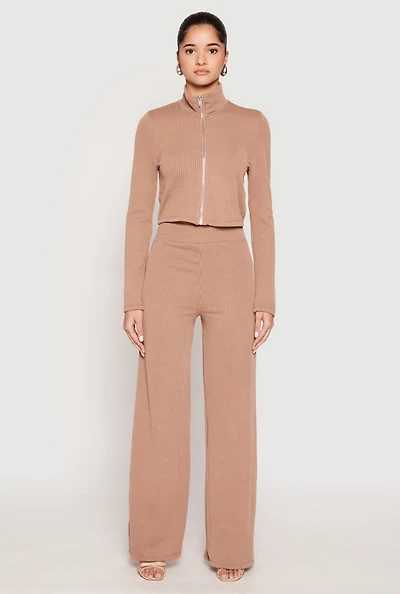 Womens Iris Ribbed Knit Wide Leg Pants, Khaki, Size M