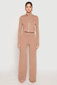 Womens Iris Ribbed Knit Wide Leg Pants, Khaki, Size M